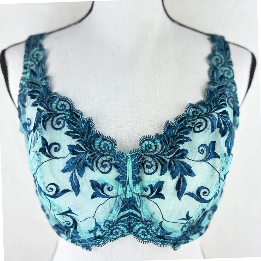 Soma Sensuous Lace Unlined Bra 38D Teal Green Navy‎ Blue Floral Embroidered Mesh